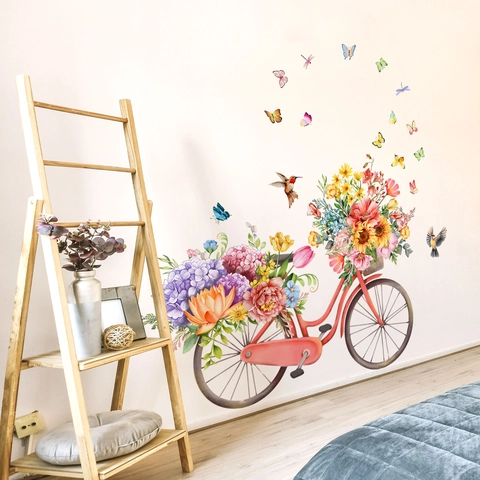 Adesivo da Parete Bicicletta Floreale PVC Removibile Bicicletta Rossa Girasole Farfalla Uccello Decalcomania Per Soggiorno