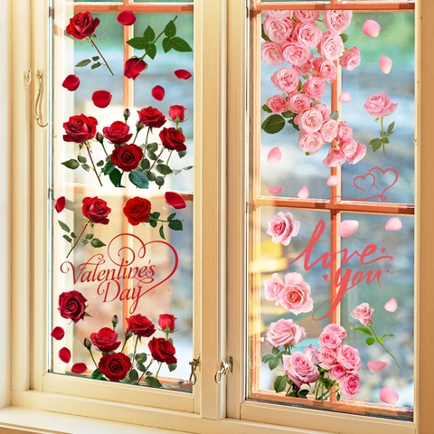 Valentine's Day Window Clings Heart Rose Flower Cartoon Animal Static Sticker PVC Window Decal For Romantic Home Decoration