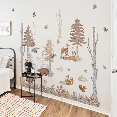 Forest Animal Tree Wall Stickers Watercolor Hand Painted PVC Vinyl Waterproof Self Adhesive Removable For Kids Room Nursery