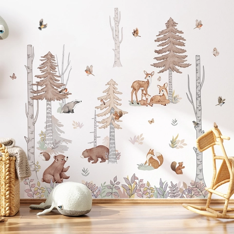 Forest Animal Tree Wall Stickers Watercolor Hand Painted PVC Vinyl Waterproof Self Adhesive Removable For Kids Room Nursery