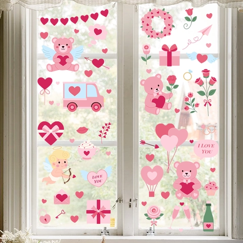 Valentine Tag Fensteraufkleber Romantisch Rosa Herz Rose Blume Cupido Muster PVC Statisch Haftend Für Haus Glas Deko