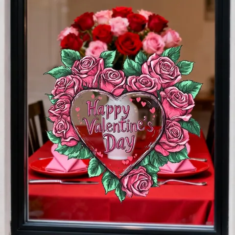 Valentijnsdag Roos Bloem Hart Vensterstickers Romantisch Roze Vrachtwagen Krans Statische Kleefstickers Voor Glasoppervlak Woondecoratie