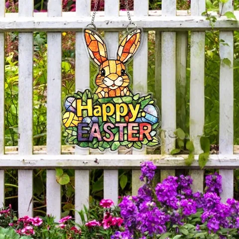 Easter Bunny Acrylic Hanging Ornament 2D Flat Colorful Rabbit Egg Pattern For Indoor Home Door Window Decoration