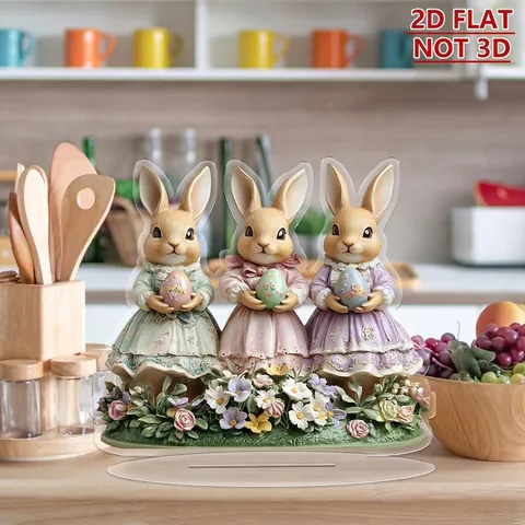 Cartoon Easter Bunny Egg Acrylic Tabletop Decoration 2D Flat Rabbit Gnome Ornament For Spring Holiday Home Party Decor
