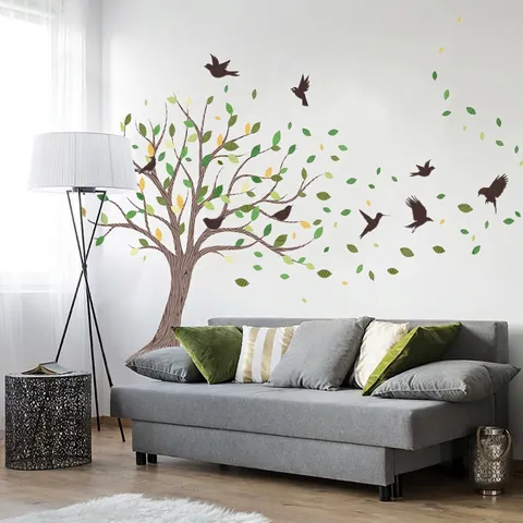 Large Tree Falling Leaves Flying Birds Wall Sticker PVC Self-Adhesive Nordic Style Home Background Decor Decal For Living Room Bedroom