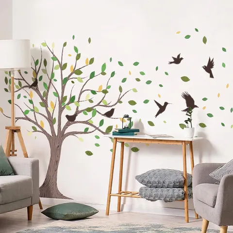Large Tree Falling Leaves Flying Birds Wall Sticker PVC Self-Adhesive Nordic Style Home Background Decor Decal For Living Room Bedroom