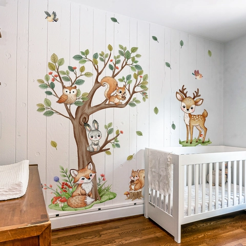 Pegatinas de Pared de Animales del Bosque de Dibujos Animados para Habitación Niños Decoración PVC Autoadhesivo Árbol Selva León Jirafa Elefante