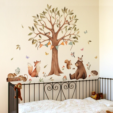 Autocollants Muraux Arbre Animaux De La Forêt PVC Amovible Aquarelle Renard Ours Décoration Chambre Enfant Bébé