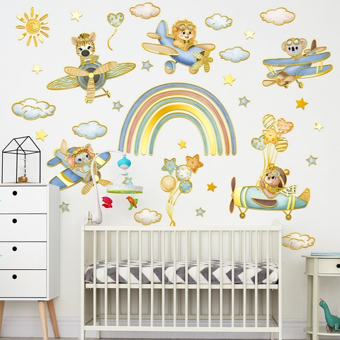 Pegatinas de Pared de Avión de Animales de Dibujos Animados Arco Iris PVC Autoadhesivas para Habitación de Niños Decoración