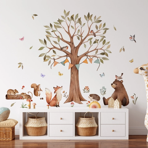 Autocollants Muraux Arbre Animaux De La Forêt PVC Amovible Aquarelle Renard Ours Décoration Chambre Enfant Bébé