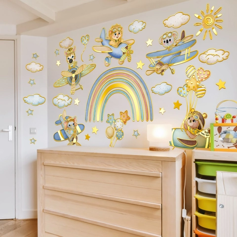 Pegatinas de Pared de Avión de Animales de Dibujos Animados Arco Iris PVC Autoadhesivas para Habitación de Niños Decoración