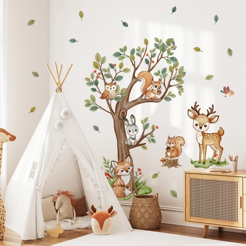 Pegatinas de Pared de Animales del Bosque de Dibujos Animados para Habitación Niños Decoración PVC Autoadhesivo Árbol Selva León Jirafa Elefante