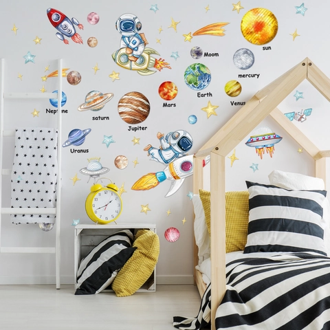 Autocollants Muraux Espace Astronaute Fusée Planètes PVC Autocollants Pour Chambre D'enfant Décoration Aquarelle Peinte À La Main