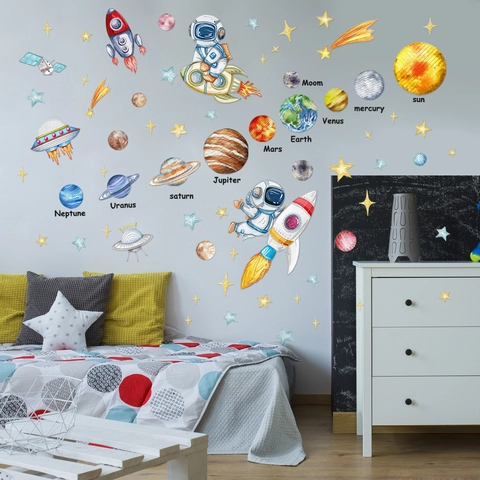 Autocollants Muraux Espace Astronaute Fusée Planètes PVC Autocollants Pour Chambre D'enfant Décoration Aquarelle Peinte À La Main