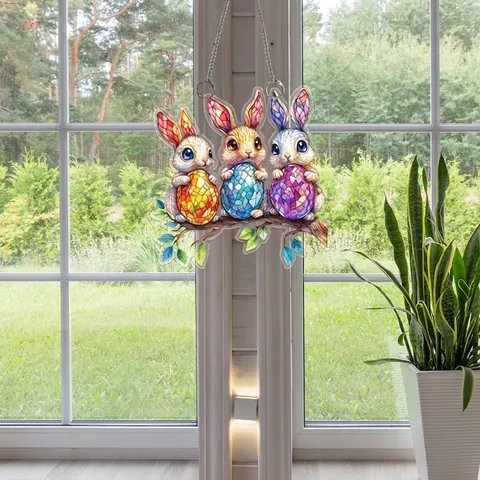 Easter Bunny Eggs Gnome Acrylic Hanging Ornament 2D Flat 3D Visual Effect Wall Plaque Door Decor For Festival Home Party