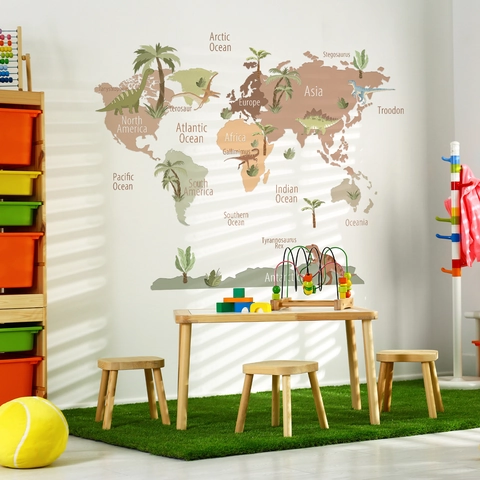 Dinosaur World Map Wall Stickers PVC Educational Cartoon Nursery Decor For Kids Bedroom Self Adhesive Removable