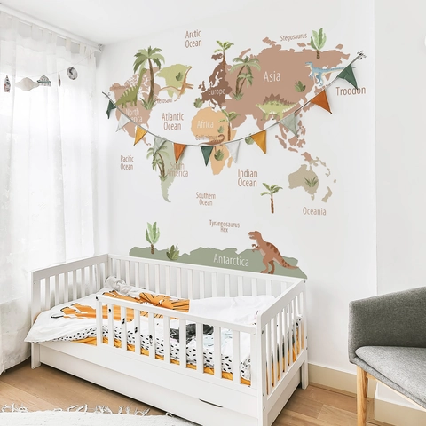 Dinosaur World Map Wall Stickers PVC Educational Cartoon Nursery Decor For Kids Bedroom Self Adhesive Removable