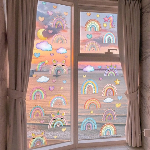 Rainbow Cloud Star Window Clings Static PVC Stickers For Kids Room Bedroom Glass Decoration Nursery Cartoon Decor