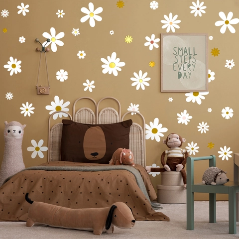 Estampado en Oro Margarita Blanca Pegatinas de Pared PVC Autoadhesivo Flores Calcomanías para Dormitorio Sala de Estar Decoración