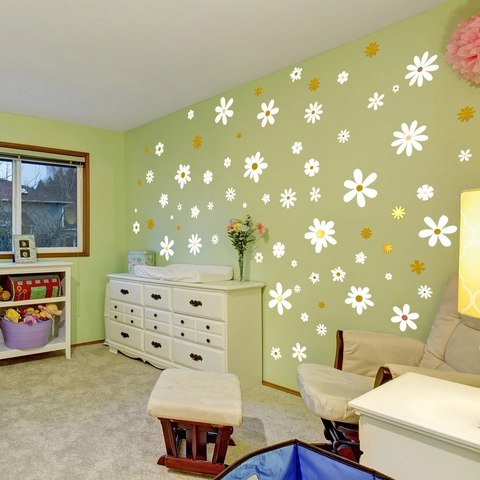 Estampado en Oro Margarita Blanca Pegatinas de Pared PVC Autoadhesivo Flores Calcomanías para Dormitorio Sala de Estar Decoración