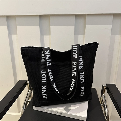 Fashion Corduroy Tote Bag For Women Large Capacity Shoulder Bag With Letter Strap Contrast Color Casual Shopping Handbag