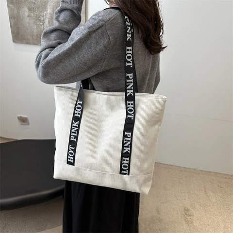 Fashion Corduroy Tote Bag For Women Large Capacity Shoulder Bag With Letter Strap Contrast Color Casual Shopping Handbag
