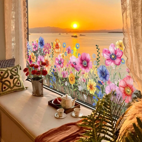 Adesivi Per Finestre Fiori Acquerello Aderenza Statica PVC Decalcomanie Floreali Per Vetro Camera Da Letto Soggiorno Rimovibile