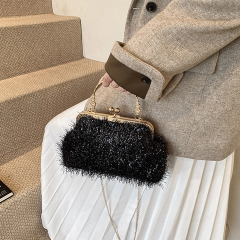 Sac De Soirée Vintage En Peluche À Paillettes Avec Poignée En Anneau Métallique Doré Gravé Et Bandoulière Chaîne