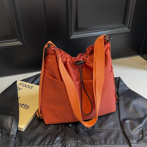 Dames Nylon Drawstring Schoudertas Grote Capaciteit Crossbody Tote Bag Met Meerdere Zakken Casual Streetwear Reistas