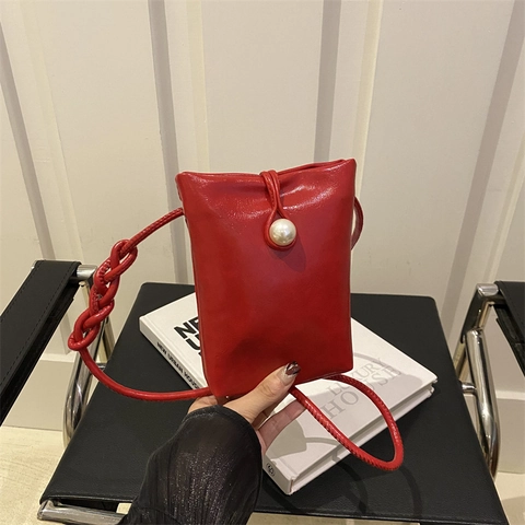 Women Mini Crossbody Cell Phone Bag PU Leather Elegant Large Artificial Pearl Buckle Braided Strap Minimalist Vertical Small Square Purse