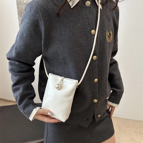 Women Mini Crossbody Cell Phone Bag PU Leather Elegant Large Artificial Pearl Buckle Braided Strap Minimalist Vertical Small Square Purse