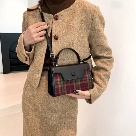 Borsa Quadrata Vintage in Patchwork di Lana da Donna in Pelle PU Con Manico Superiore Tracolla per Autunno Inverno