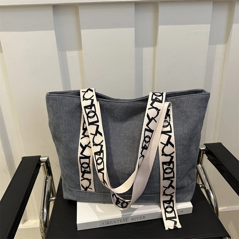 Women Corduroy Tote Bag Large Capacity Shoulder Handbag With Contrast Wide Straps Fashion Casual Streetwear