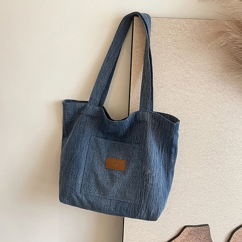 Borsa Tote in Denim da Donna Grande Capacità Borsa a Tracolla in Tessuto Lavato Casual Borsa a Mano Street Style alla Moda Con Tasca Frontale
