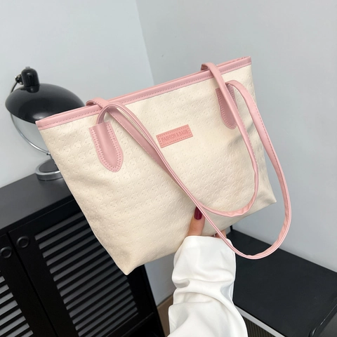 Fashion PU Leather Tote Bag For Women Large Capacity Star Embossed Shoulder Bag Casual Commute Handbag Solid Color Bag