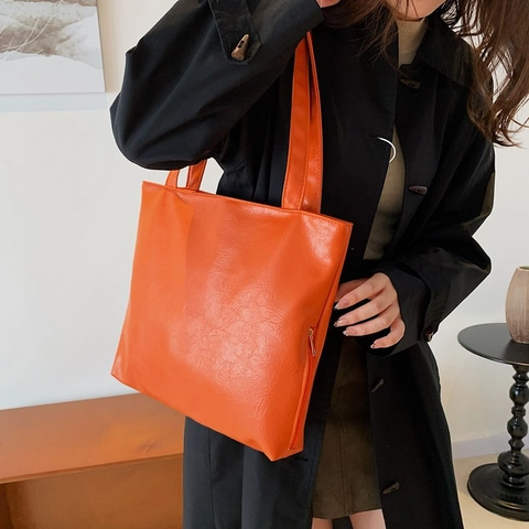 Large Capacity Tote Bag PU Leather Crinkled Texture Minimalist Korean Style Shoulder Handbag For Women Daily Commuting