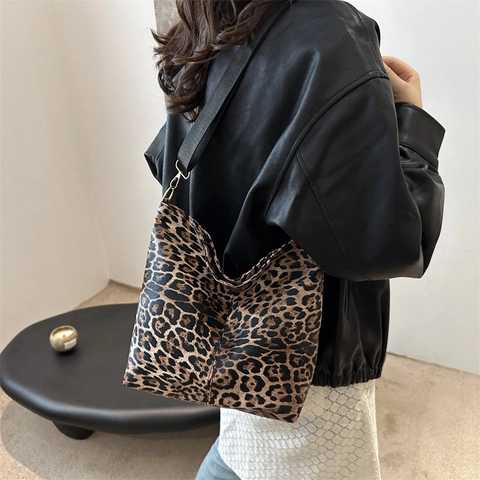 Leopardmuster Schultertasche Beuteltasche Mit Breitem Gurt Große Kapazität Lässiger Vielseitiger Street Style Für Damen