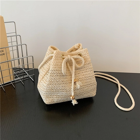 Damen Stroh Gewebte Eimertasche Kleine Kordelzug Umhängetasche Für Sommer Strand Urlaub Freizeit