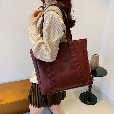 Trendy PU-Leder Grote Capaciteit Tote Tas Voor Vrouwen Minimalistische Schoudertas Met Verticale Stiksels Voor Dagelijks Gebruik