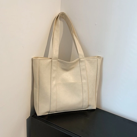 Trendy PU-Leder Grote Capaciteit Tote Tas Voor Vrouwen Minimalistische Schoudertas Met Verticale Stiksels Voor Dagelijks Gebruik
