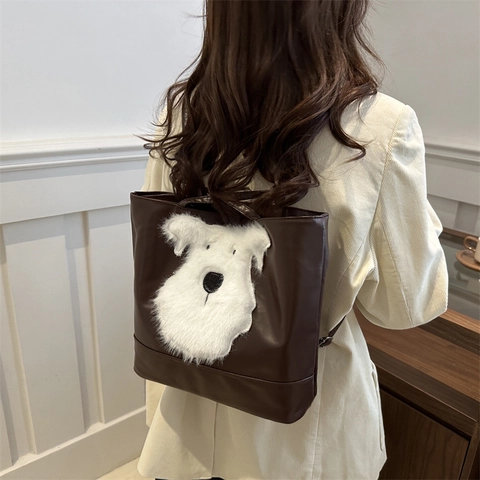 Sac Cabas Patchwork Chien en Peluche Cuir PU Grande Capacité Sac à Épaule Décontracté Navettage Main pour Femmes