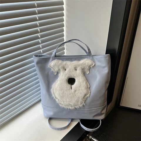 Süße Plüsch Hund Patchwork Tragetasche PU Leder Große Kapazität Umhängetasche Casual Pendeln Handtasche Für Damen