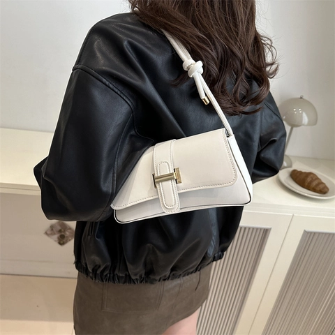 Women PU Leather Underarm Shoulder Bag Fashion Metal Buckle Flap Rectangular Handbag With Knotted Strap Daily Versatile