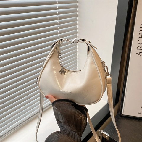 Women Korean Style PU Leather Crescent Shoulder Bag Retro Glossy Hobo Bag With Adjustable Strap Metal Clover Pendant Underarm Bag