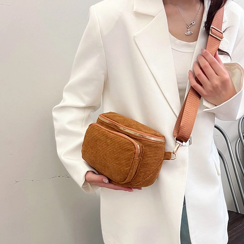 Bolso Bandolera De Pana Para Mujer Riñonera Minimalista De Color Sólido Con Correa Ajustable Y Cremallera Dorada