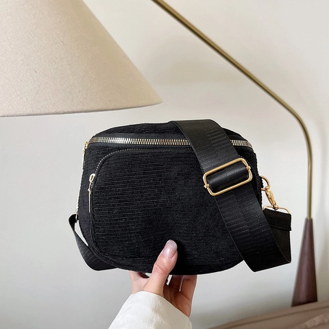 Bolso Bandolera De Pana Para Mujer Riñonera Minimalista De Color Sólido Con Correa Ajustable Y Cremallera Dorada