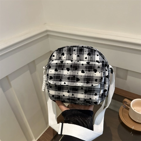 Damen Umhängetasche Aus Leinwand Mit Karomuster Und Herzprint Verstellbarer Breiter Riemen Lässige Mode Schultertasche