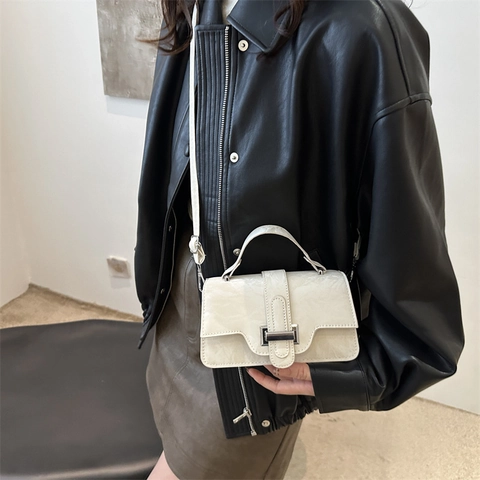 Women Fashion PU Leather Shoulder Bag Vintage Crinkled Texture Small Square Crossbody Bag With Metal Buckle Solid Color Handbag