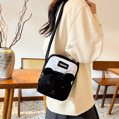 Cute Cartoon Bear Crossbody Bag Nylon Color Block Small Square Shoulder Bag For Women Kids Teens Fashion Casual Animal Design Handbag