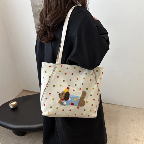 Canvas Einkaufstasche Bunte Punkte Plüschhund Patch Große Kapazität Mode Freizeit Unterarm Schultertasche Für Damen Nische